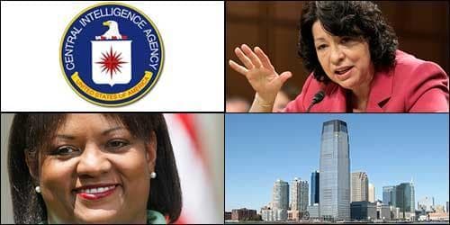 Clockwise from top left: The seal of the Central Intelligence Agency; Supreme Court nominee Sonya Sotomayor before the Senate Judiciary Committee (AP); Surgeon General nominee Regina Benjamin (AP); Goldman Sachs tower in New Jersey (flickr/luismontanez)