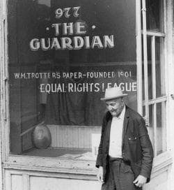 In an undated photograph, Dr. Charles Steward stands near the entrance of The Guardian, the weekly newspaper started by his brother-in-law William Monroe Trotter. Steward and his wife, Maude, ran the paper after Trotter’s death in 1934. Maude died in 1957 and with Dr. Steward’s blessing, Melvin B. Miller started the Banner eight years later. (Banner File Photo)