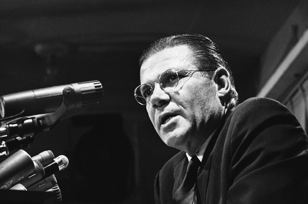 Secretary of Defense Robert McNamara presented this study, June 16, 1965 at a Pentagon news conference. McNamara, during the conference disclosed plans to create a revolutionary air assault division which would be flown into battle in its own helicopters and planes. (AP Photo)