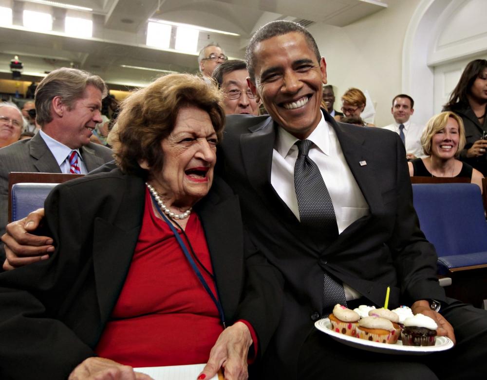 President Obama, marking his 48th birthday, brought birthday cupcakes to veteran White House reporter Helen Thomas, left, who shares the same birthday and turns 89, Tuesday. Helen Thomas has covered every president since John F. Kennedy.  (AP)