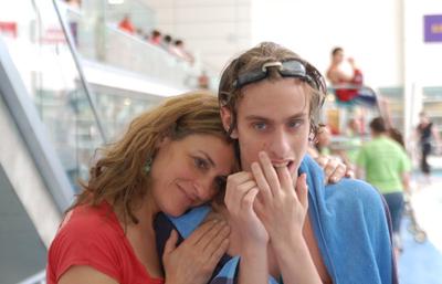 The author, with her son, Nathaniel Batchelder, having just won his race at the Massachusetts Swim Qualifiers. (Courtesy of Susan Senator)