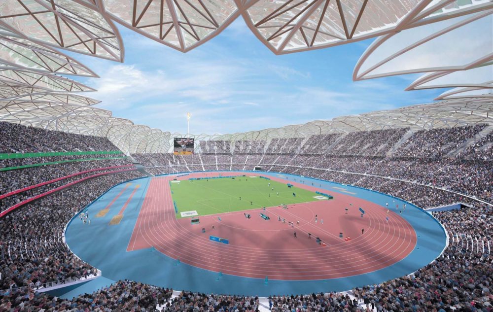 A computer-generated image made available by the London 2012 organization in London, Saturday Nov. 6, 2004, on how the interior of the proposed stadium for the 2012 Olympic Games would look like. (AP Photo/London 2012)