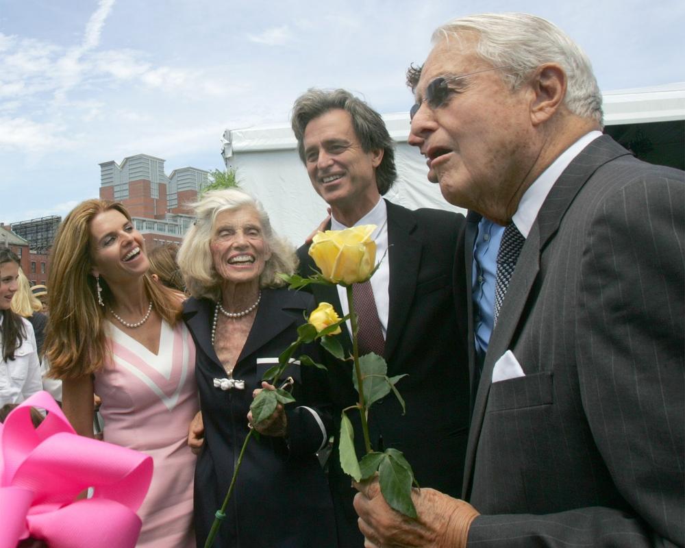 Maria Shriver, left, and her family, left to right, mother Eunice Kennedy Shriver, brother Robert Shriver and father Sargent Shriver gather after the dedication ceremony of Rose Fitzgerald Kennedy Greenway in Boston on July 26, 2004. (AP)