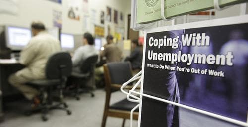 People check job listings on computers at JobTrain in Menlo Park, Calif., on Thursday, Sept. 3, 2009. The unemployment rate rose to 9.7 percent in August, the highest since June 1983. (AP)