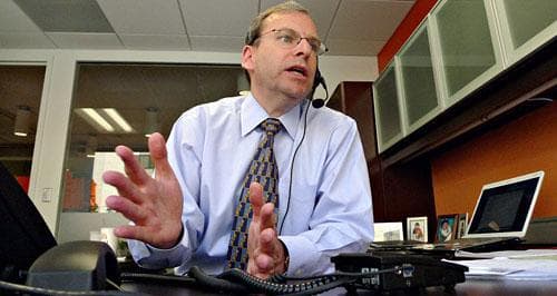 Jeremy Ben-Ami, executive director of J Street, works the phones at the lobbying group's office in Washington, on Thursday, May 21, 2009. (AP)
