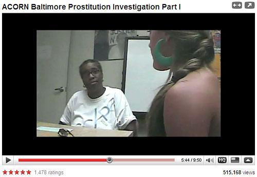 Screenshot from the web video produced by amateur filmmaker James O’Keefe III and conservative activist Hannah Giles, playing the part of a prostitute and her pimp, seeking advice at ACORN's office in Baltimore. The video first appeared on the conservative website BigGovernment.com.