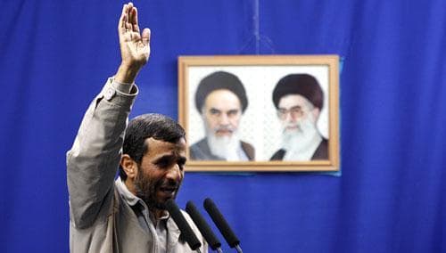 Iranian President Mahmoud Ahmadinejad delivers a speech, in front of pictures of the late revolutionary founder Ayatollah Khomeini, left, and supreme leader Ayatollah Ali Khamenei, right, before Friday prayers at Tehran University on Friday, Sept. 18, 2009. (AP) 