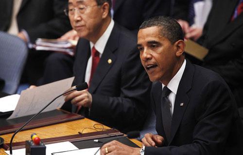 President Barack Obama chairs a meeting of the United Nations Security Council at the United Nations headquarters, Thursday, Sept. 24, 2009. At rear is U.N. Secretary General Ban Ki-moon. (AP)