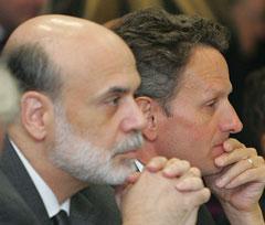 Fed Chairman Ben Bernanke, left, and Treasury Secretary Timothy Geithner, at a meeting of G20 finance ministers earlier this month. (AP)