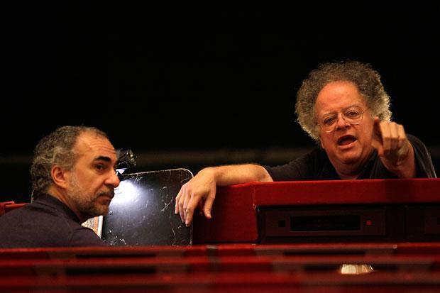 Conductor James Levine, right, before the start of the final dress rehearsal Giacomo Puccini's Tosca on Sept. 17 at the Metropolitan Opera in New York. (Mary Altaffer/AP)