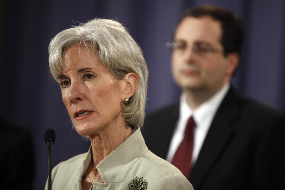 Health and Human Services Secretary Kathleen Sebelius announces Wednesday that Pfizer will pay a record $2.3 billion civil and criminal penalty over unlawful prescription drug promotions on Wednesday, as Associate Attorney General Tom Perrelli looks on. (AP)