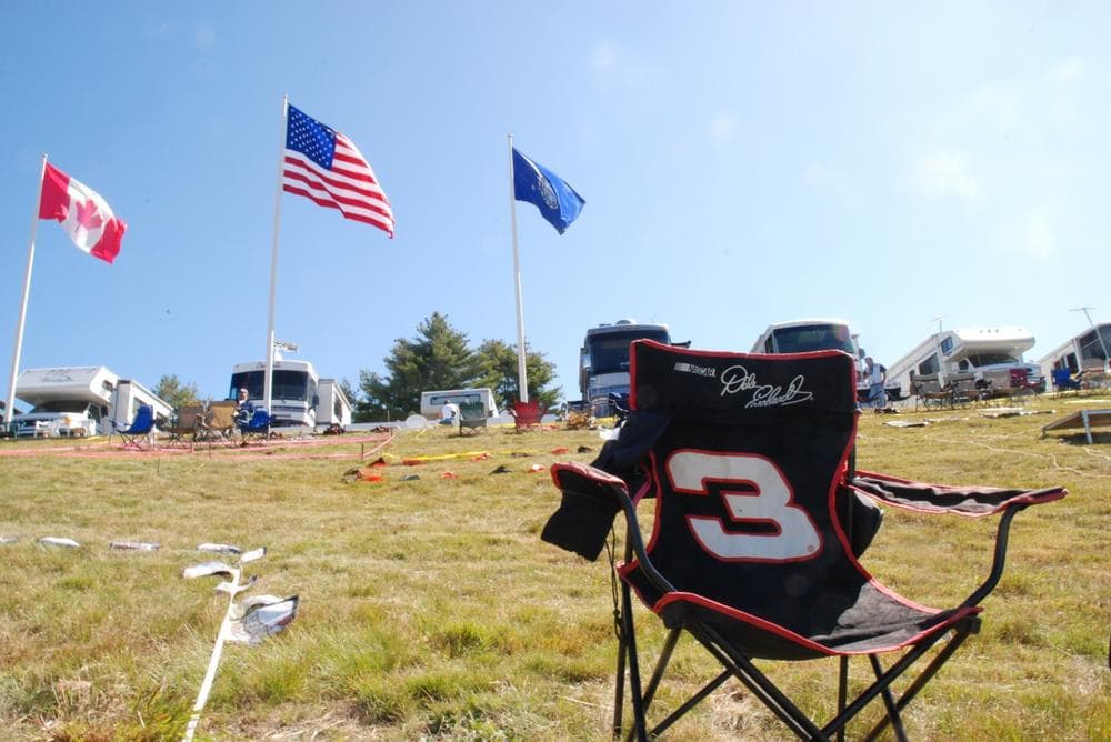 NASCAR fans stake out premium lawn chair space days in advance at the New Hampshire Motor Speedway. (Andrew Phelps/WBUR)