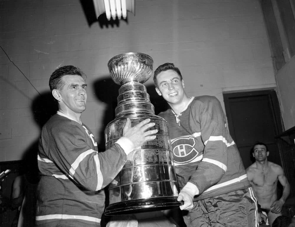 Maurice Richard celebrates the Canadiens' 1958 Stanley Cup victory.