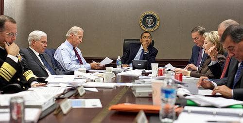 President Barack Obama listens during a meeting about the current situation in Pakistan on Oct. 7, 2009 in the Situation Room of the White House. (White House Photo/Pete Souza) 