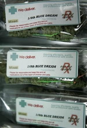 One-eighth-ounce bags of Blue Dream medical marijuana are shown at The Green Door dispensary in San Francisco. The Obama administration will not seek to arrest medical marijuana users and suppliers as long as they conform to state laws, under new policy guidelines. (AP) 