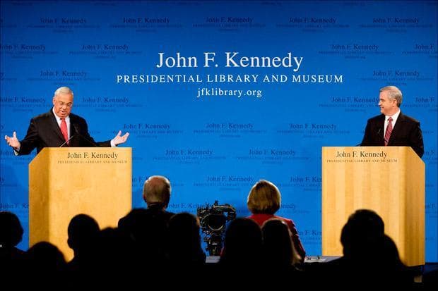 Mayor Tom Menino and City Councilor Michael Flaherty debated at the John F. Kennedy Presidential Lirary in Dorchester on Monday. (Pool photo by Yoon Byun/The Boston Globe)
