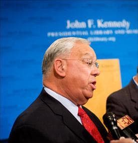 Mayor Menino talks to the media after the debate with Flaherty on Monday. (Pool photo by Yoon Byun/The Boston Globe)