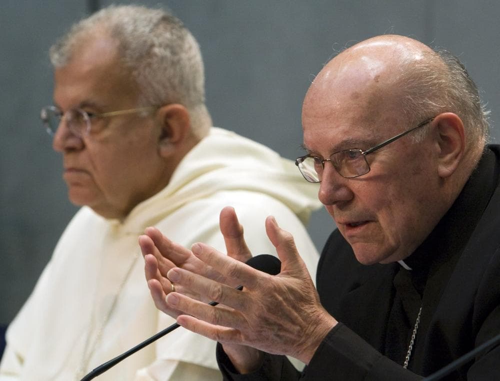 Cardinal William Levada, right, the Vatican's chief doctrinal official, with Archbishop Joseph Augustine Di Noia, Secretary of the Congregation for Divine Worship and the Discipline of the Sacraments, speaks at a news conference at the Vatican on Tuesday. (AP)