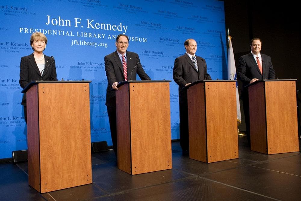 The four Democratic candidates for U.S. Senate, from left: Attorney General Martha Coakley, Alan Khazei, Congressman Michael Capuano and Stephen Pagliuca at the start of a televised debate in Boston on Monday. (Pool photo by Yoon Byun/The Boston Globe)