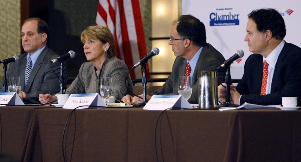 From left, the Democratic Senate candidates &mdash; Congressman Michael Capuano, Attorney General Martha Coakley, Alan Khazei and Stephen Pagliuca &mdash; participate in a Senate-candidate forum hosted by the Greater Boston Chamber of Commerce on Monday. (AP)