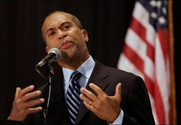 Gov. Deval Patrick announces budget cuts at the New England Business Expo in Worcester, Mass., on Thursday. (Steven Senne/AP)