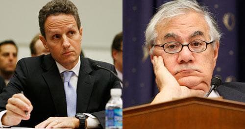 Treasury Secretary Timothy Geithner (left) gets ready to testify before the House Financial Services Committee in Washington on Thursday, Oct. 29, 2009, as the Committee's Chairman, Rep. Barney Frank (D-MA) presided over the hearing. (AP)