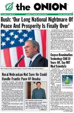 Detail from a front page of The Onion, as featured in the new book &quot;Our Front Pages&quot; (simonandschuster.com).