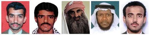 This combination of undated photos shows, from left: Ali Abd al-Aziz Ali, Waleed bin Attash, Khalid Sheikh Mohammed, Mustafa Ahmad al-Hawsawi and Ramzi Binalshibh. Self-proclaimed Sept. 11 mastermind Khalid Sheikh Mohammed and four other Guantanamo Bay detainees will be sent to New York to face trial in a civilian federal court, an Obama administration official said Friday, Nov. 13, 2009. (AP Photos)