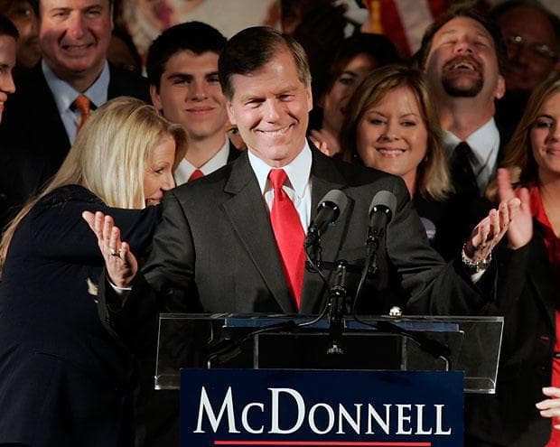 Republican Governor-elect Bob McDonnell waves to the crowd at his victory party in Richmond, Va., Tuesday. Unofficial results showed McDonnell, a conservative and former state attorney general, with about 60 percent of the vote over Democrat R. Creigh Deeds. He will be the state's first Republican governor in eight years. (Steve Helber/AP)