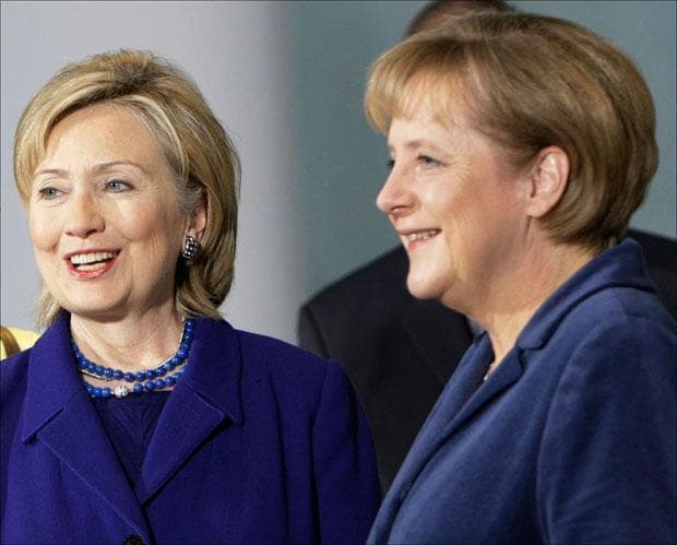 German Chancellor Angela Merkel welcomes U.S. Secretary of State Hillary Rodham Clinton in Berlin. (Herbert Knosowski/AP)