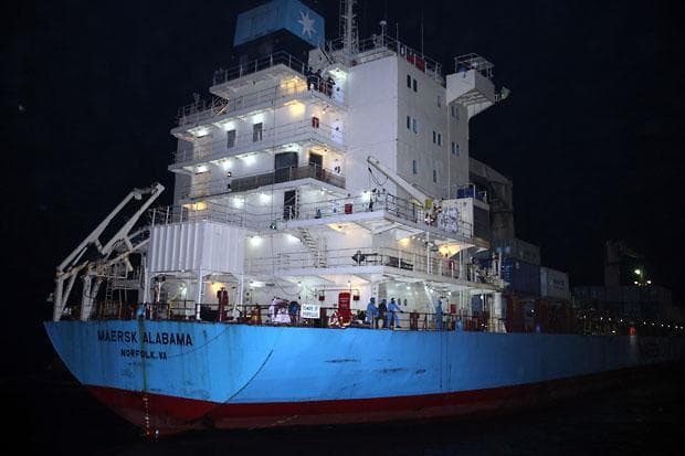 In this April 11 file photo, the U.S.-flagged Maersk Alabama arrives at Port of Mombasa, Kenya. (Sayyid Azim/AP)