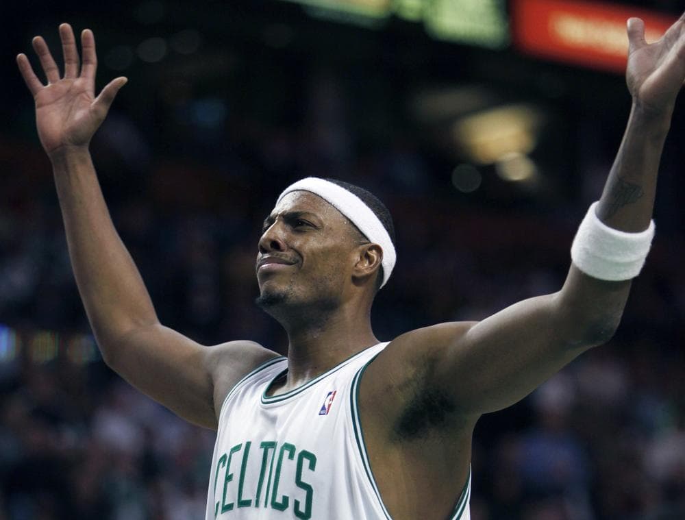 Celtics&#039; Paul Pierce reacts to play in the fourth quarter against the Magic, Friday, in Boston.  (AP Photo/Michael Dwyer)