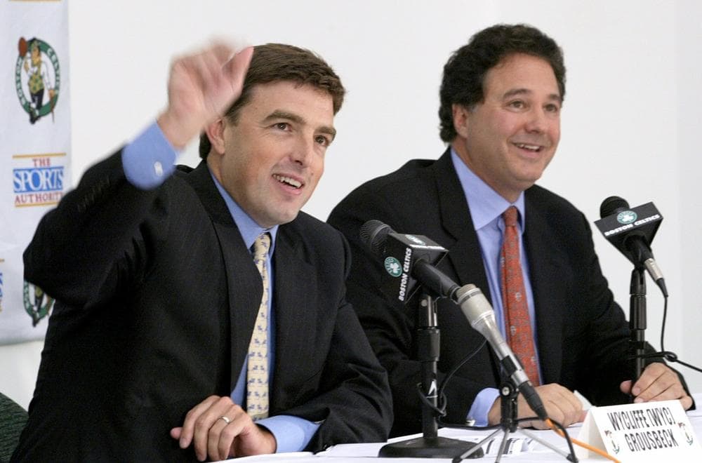 Stephen Pagliuca, right, and his co-managing partner of Boston Basketball Partners, Wycliffe Grousbeck, announce their purchase of the Boston Celtics in 2002. (AP) 