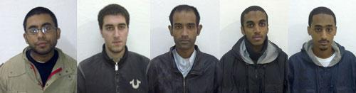 Arrested American Muslims, from left, Waqar Hussain, Ramy Zamzam, Umar Farooq, Ahmad Minni, Aman Yemer are seen in Sargodha, Pakistan, in this photo released by Sargodha Police Department. (AP)
