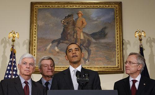 President Barack Obama makes a statement on health care reform after meeting with Senators, Tuesday, Dec. 15, 2009, at the White House in Washington. From left are, Senate Banking Committee Chairman Sen. Christopher Dodd, D-Conn.; Senate Finance Committee Chairman Sen. Max Baucus, D-Mont.; the president; and Senate Majority Leader Harry Reid of Nev. (AP)