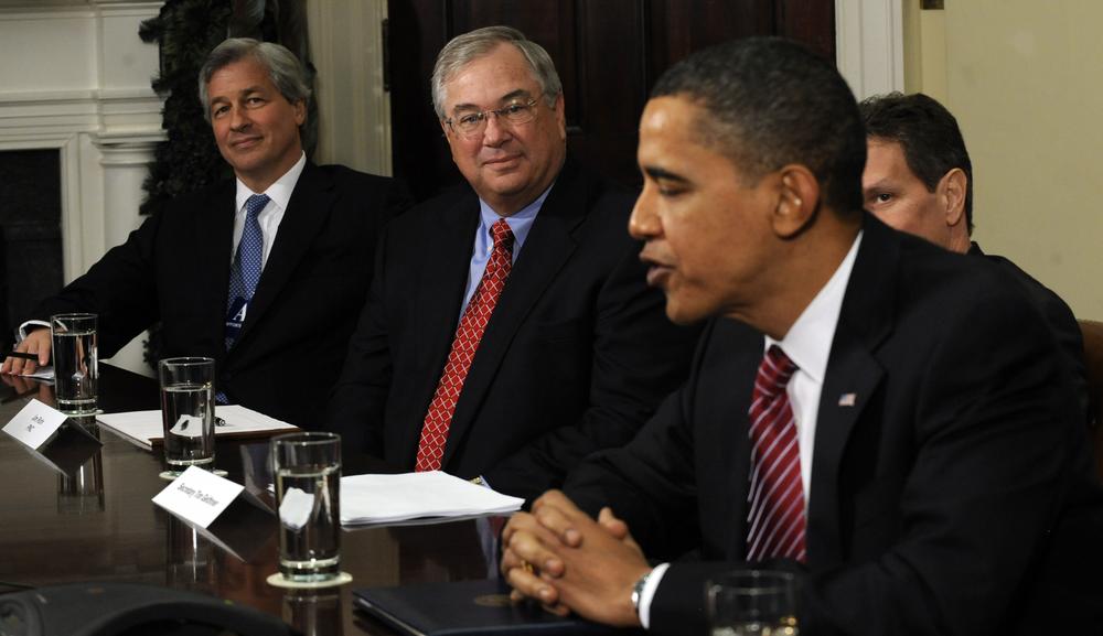 President Barack Obama meets with members of the financial industry in the Roosevelt Room of the White House in Washington, Tuesday, Dec.  15, 2009, to discuss the economic recovery. From left are, JPMorgan Chase Chairman and Chief Executive Officer Jamie Dimon; PNC Chairman and Chief Executive Officer Jim Rohr; Treasury Secretary Timothy Geithner, and the president. (AP)