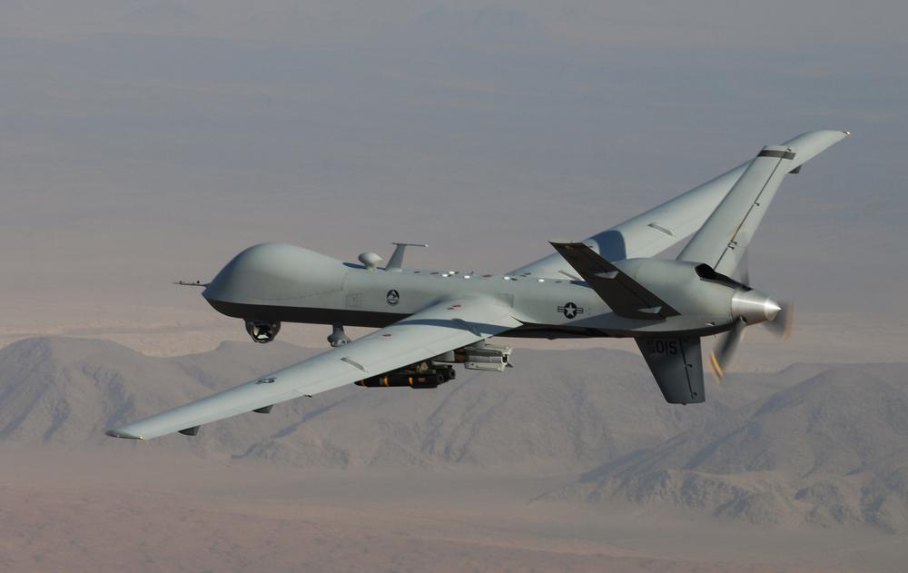 This undated handout photo provided by the U.S. Air Force shows a MQ-9 Reaper, armed with GBU-12 Paveway II laser guided munitions and AGM-114 Hellfire missiles, piloted by Col. Lex Turner during a combat mission over southern Afghanistan. (AP/Lt. Col.. Leslie Pratt, US Air Force)