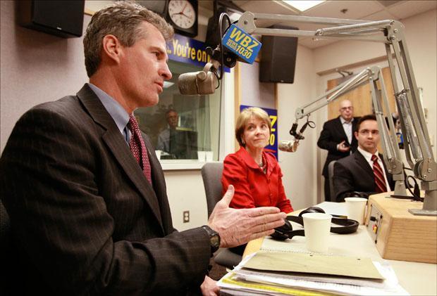 Republican Scott Brown, Democrat Martha Coakley and Independent candidate Joseph Kennedy take questions during a live radio talk show on WBZ-AM on Monday. (Steven Senne/AP)