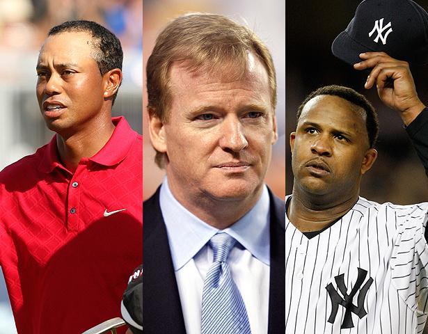 Three prominent players in 2009: Tiger Woods, NFL Commissioner Roger Goodell, and New York Yankee C.C. Sabathia.  (AP)