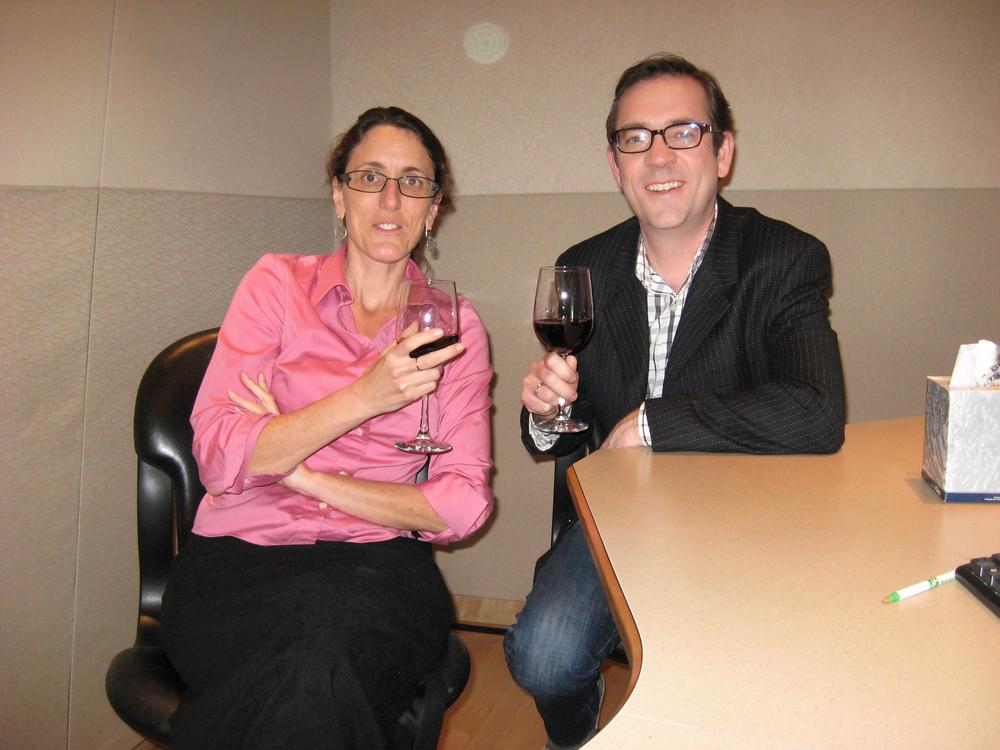 Deb Becker and Ted Allen raise a glass after his Here &amp; Now interview