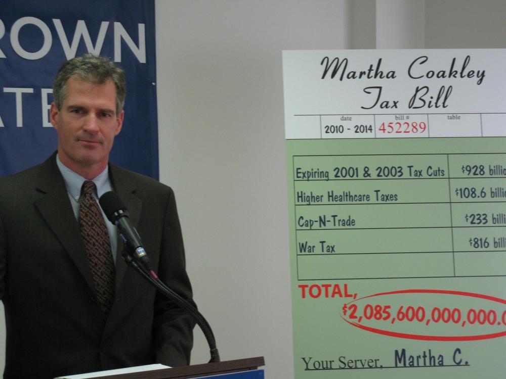Scott Brown holds a press conference on taxes at his Needham campaign headquarters (Fred Thys)