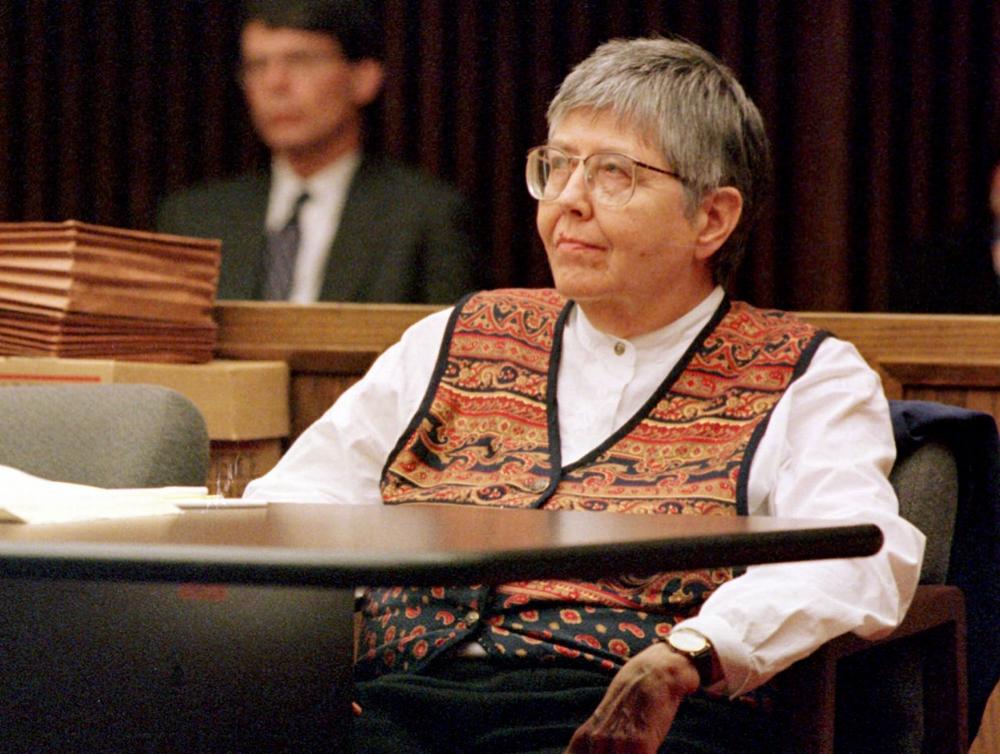 Mary Daly appears in Middlesex Superior Court in Cambridge, May 24, 1999, after taking a leave of absence from Boston College rather than accept a male student into one of her classes. (AP)
