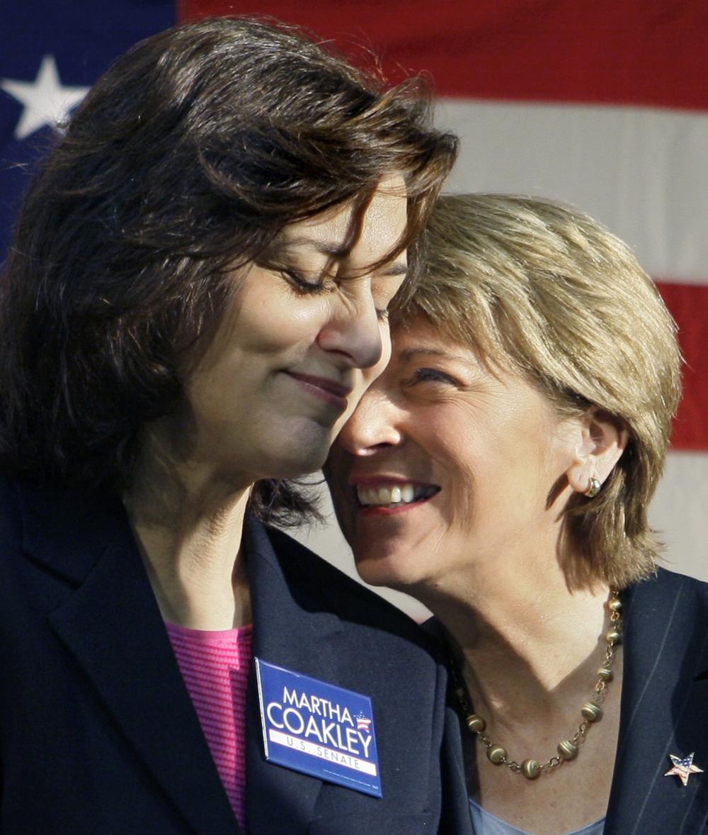 Vicki Kennedy formally endorsed Massachusetts Attorney General Martha Coakley, right, in the race for her late husband Sen. Edward M. Kennedy's Senate seat during an event Thursday in Medford. (AP)
