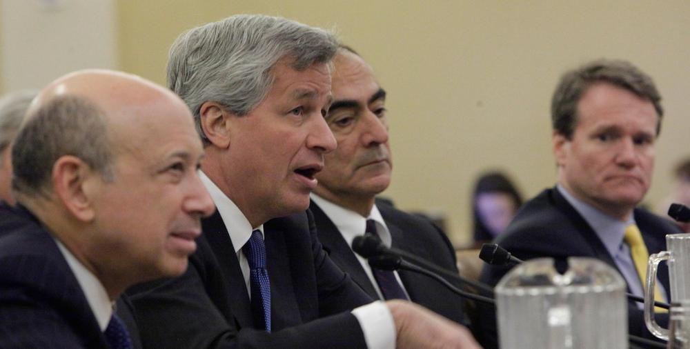 From left, Goldman Sachs Group, Inc. Chairman and Chief Executive Officer Lloyd Blankfein; JPMorgan Chase &amp; Company Chairman and Chief Executive Officer James Dimon; Morgan Stanley Chairman John Mack; and Bank of America Corporation President and Chief Executive Officer Brian T. Moynihan, testify on Capitol Hill in Washington on Wednesday before the Financial Crisis Inquiry Commission. (AP)
