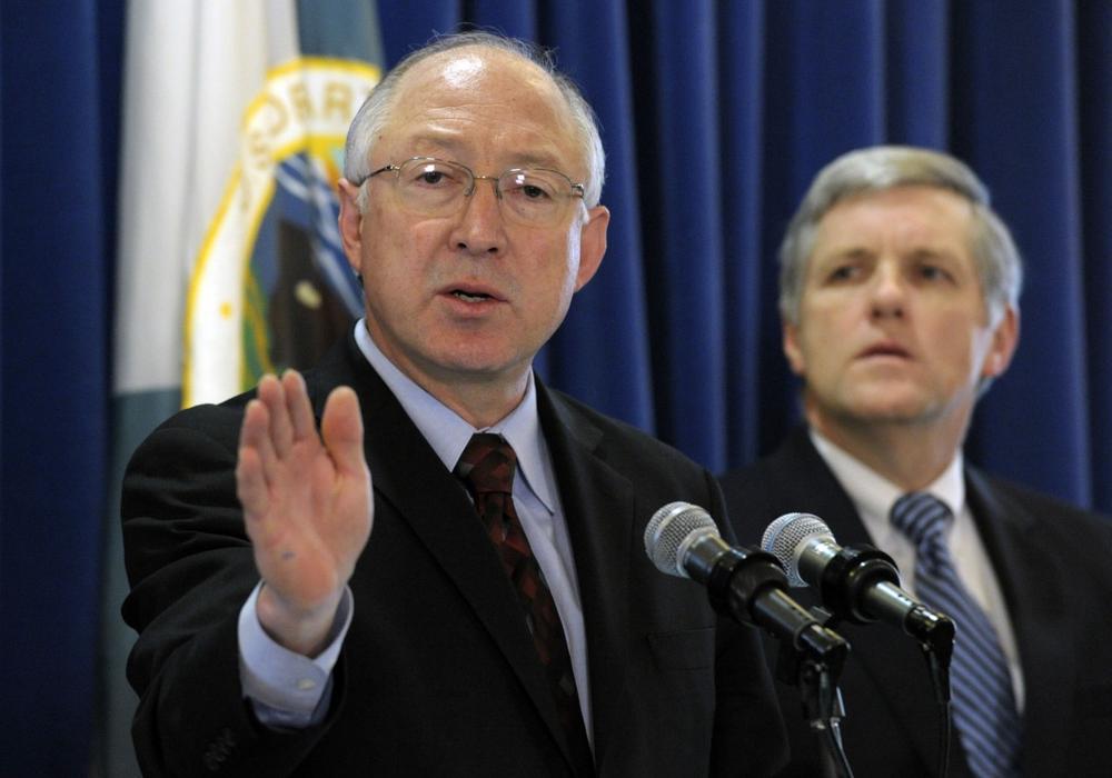 Interior Secretary Ken Salazar, left, accompanied by Deputy Interior Secretary David Hayes, discusses the Cape Wind Project in Massachusetts, Wednesday, Jan. 13, 2010, during a news conference in Washington. (AP)