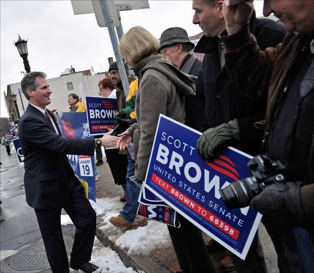 Republican Scott Brown greets supporters in Springfield, Mass., on Friday, Jan. 8. (Nancy Palmieri/AP)