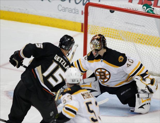 Anaheim Ducks center Ryan Getzlaf scores past Boston Bruins goalie Tuukka Rask in the third period Wednesday. (Chris Carlson/AP)