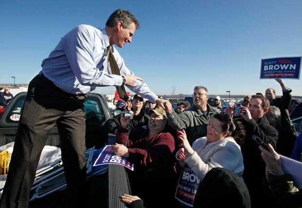 State Sen. Scott Brown, R-Wrentham, greets a crowd at a campaign rally in Plymouth on Saturday. (AP)