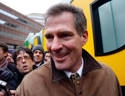 Massachusetts State Sen. Scott Brown campaigns outside the T.D. Garden before a Boston Bruins hockey game in Boston on Monday. (AP)