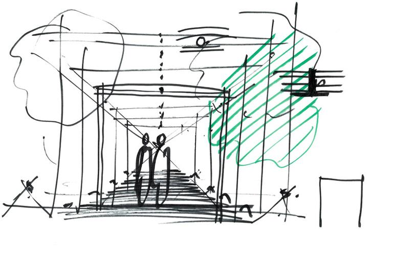 Renzo Piano perspective sketch of the glass connector from the new wing to the historic museum building. (Courtesy Isabella Stewart Gardner Museum)